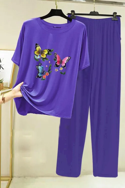 Butterflies T-Shirt and Pants Sleep Set – Purple