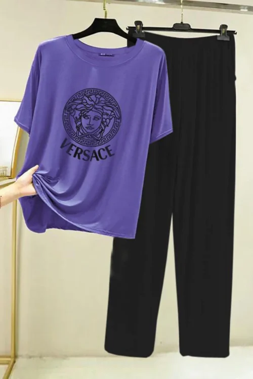 Versace T-Shirt and Black Pants Sleep Set