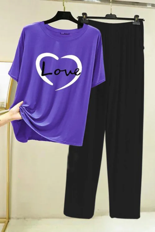 Love T-Shirt and Black Pants Sleep Set