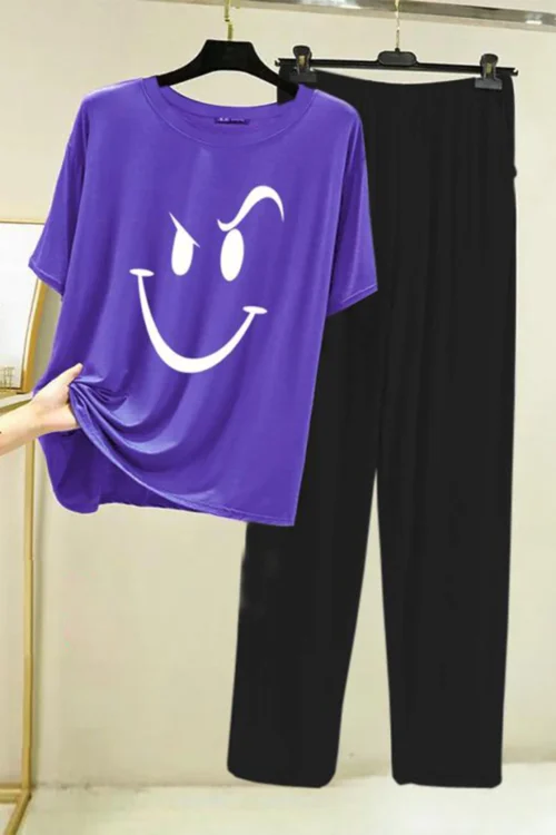 Smiley Face T-Shirt and Black Pants Sleep Set