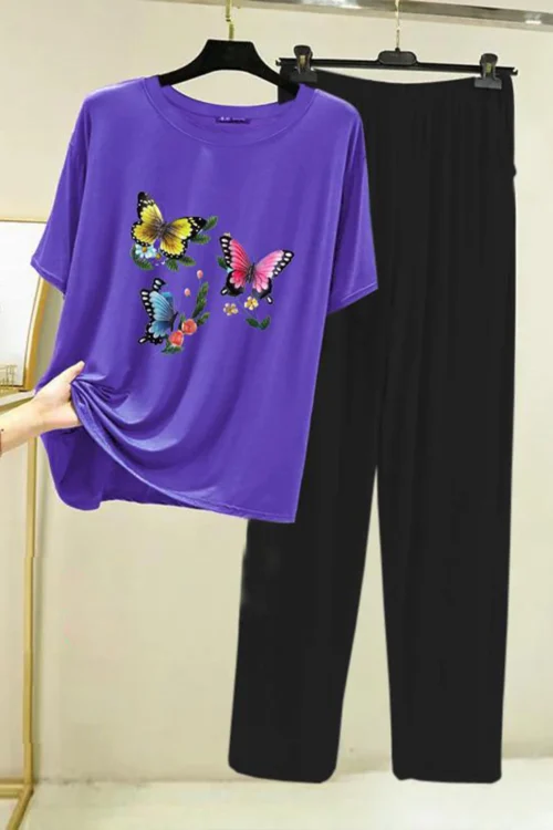 Butterfly T-Shirt and Black Pants Sleep Set